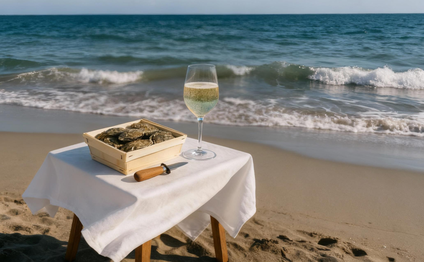 Cassetta di ostriche chiuse e calice di champagne sul mare